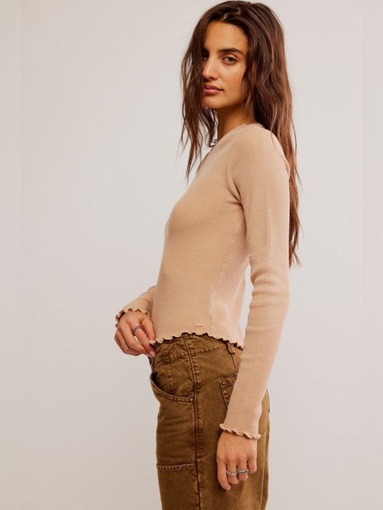 We The Free Tops - We The Free Easy Does It Long Sleeve Tee, Lettuce Trim, Neutral Basic Small